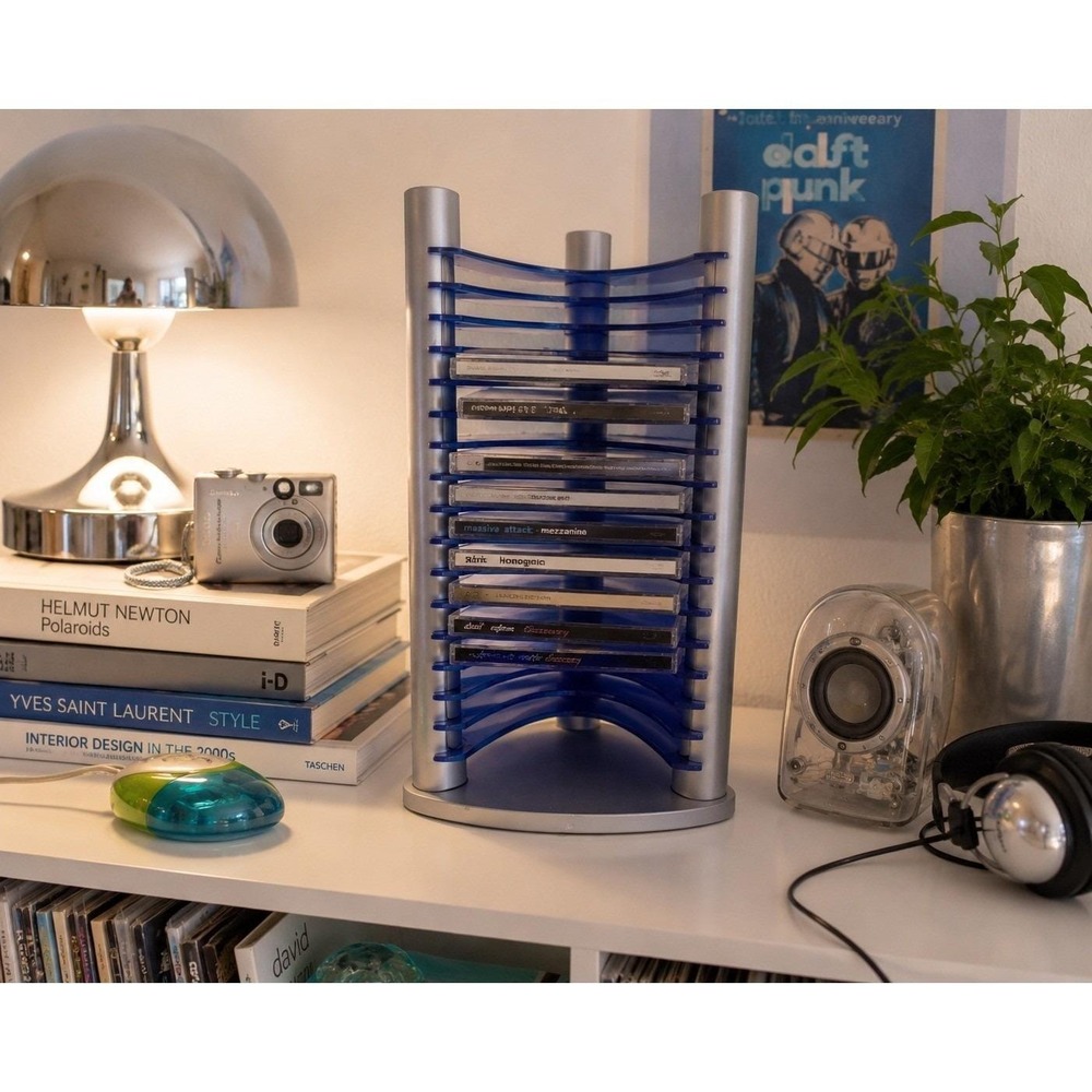 Vintage Y2K CD Holder Blue Acrylic Media Rack Retro Desk Shelf Decor Futuristic